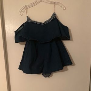 Off the shoulder blue jean romper